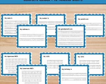 May include: A complete bundle of 10 tracing sheets with blue scalloped borders. The sheets include prompts for name, address, numbers, ABCs, and birthday. The text "COMPLETE BUNDLE - 10 TRACING SHEETS" is at the top.