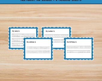 May include: A bundle of four tracing sheets with a blue scalloped border. The sheets include prompts for name, address, phone number, and birthday. The text "ALL ABOUT ME BUNDLE - 4 TRACING SHEETS" is at the top.