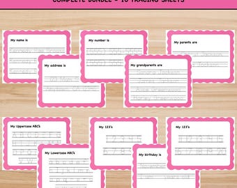 May include: A complete bundle of 10 tracing sheets with a pink scalloped border. The sheets include tracing exercises for uppercase and lowercase alphabets, numbers, and personal information such as name, address, and birthday. The text "COMPLETE BUNDLE - 10 TRACING SHEETS" is at the top.
