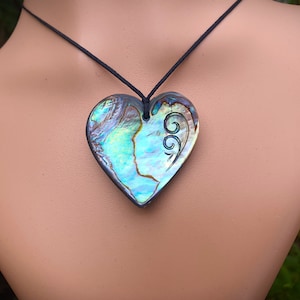 New Zealand Paua shell Heart pendant with Maori koru love symbol engraving