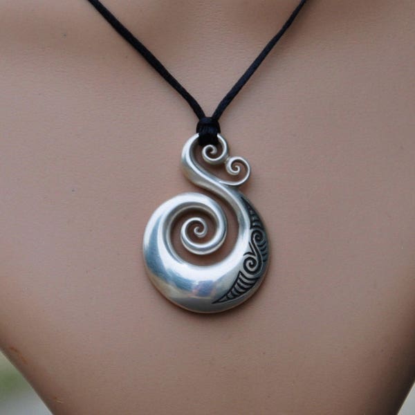 Sterling Silver koru-Solid 925 Pendant on black cord~New Zealand Maori koru love and nature symbol