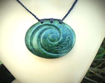 New Zealand Greenstone or Pounamu Pendant ~Hand carved Koru Wave design. 2.2 inches wide