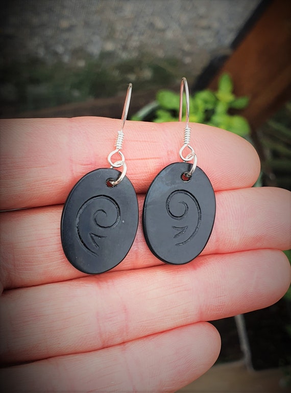 New Zealand Greenstone or Pounamu Maori Koru Engraved Earrings on