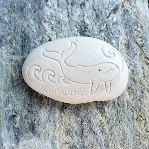 Whale carving, touch stone~New Zealand, Kaikoura beach stone~Hand carved with Koru wave design.