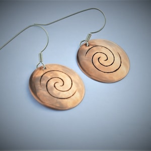Copper disc earrings ~New Zealand Maori Koru design~ on sterling silver hooks