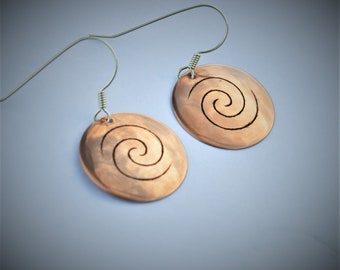 Copper disc earrings ~New Zealand Maori Koru design~ on sterling silver hooks