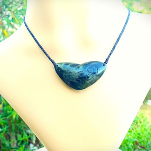 Greenstone or Pounamu New Zealand Whales Tail pendant ~with hand engraved Maori koru symbol