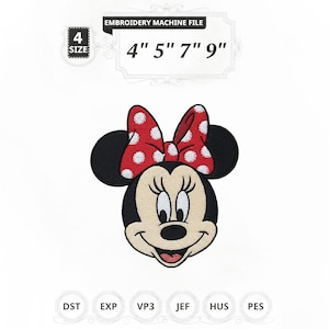May include: An embroidery machine file featuring a cartoon character's face with a red bow with white polka dots. The file is available in 4 sizes: 4", 5", 7", and 9". The file formats include DST, EXP, VP3, JEF, HUS, and PES.