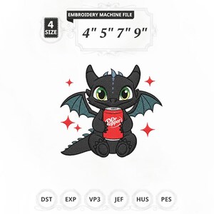 May include: An embroidery machine file featuring a cartoon dragon holding a Dr. Pepper can. The dragon is black with green eyes and blue wings. The file sizes are 4", 5", 7", and 9". The image also includes the text "EMBROIDERY MACHINE FILE" and "4 SIZE".