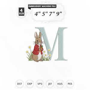 May include: An embroidery machine file featuring a light blue letter "M" with a bunny holding a carrot, wearing a red jacket. The design includes the text "EMBROIDERY MACHINE FILE" and sizes 4", 5", 7", and 9".