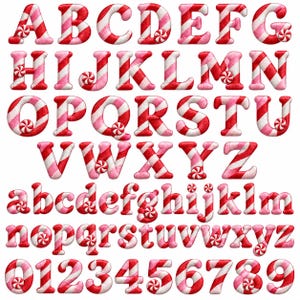 May include: A complete set of uppercase and lowercase letters and numbers zero through nine, designed with a red and white diagonal candy cane stripe pattern and small circular peppermint candy accents on each character.