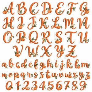 May include: An embroidery alphabet set featuring orange cursive letters and numbers decorated with small pumpkins, green leaves, and white flowers. Each character is rendered in a textured stitch style, showcasing a consistent autumn-themed design.