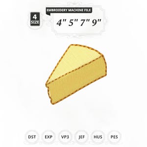 May include: An embroidery machine file featuring a cheese wedge design. The image includes the text "EMBROIDERY MACHINE FILE" and size options of 4", 5", 7", and 9". The file formats are DST, EXP, VP3, JEF, HUS, and PES.