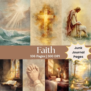 Op de afbeelding: Een collage van aquarel illustraties met een religieus thema. De afbeeldingen bevatten een kruis, Jezus met een lam, een open boek, biddende handen, een kelk en een kustlandschap. De tekst "Faith" en "Junk Journal Pages" zijn ook aanwezig.