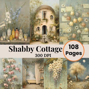 May include: A digital collage with a 'Shabby Cottage' theme, showcasing watercolour illustrations of a cottage, flowers, and vintage items. The text indicates 108 pages and 300 DPI.