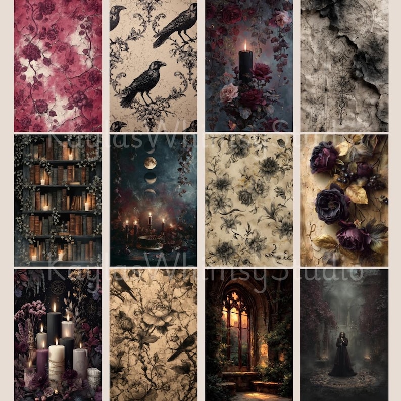Gothic journal pages featuring moon phase altars, stacked antique books, ornate floral patterns, crystal balls, candles, and mystical gothic still life arrangements.