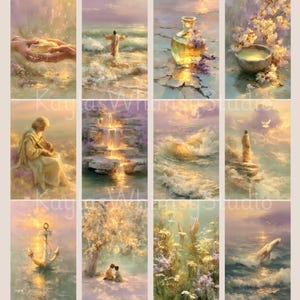 Puede incluir: Una colecci&oacute;n de doce impresiones art&iacute;sticas verticales que presentan escenas serenas y et&eacute;reas. La obra de arte muestra una paleta de colores suaves de oro, lavanda y azul, que representan paisajes, figuras y elementos naturales.