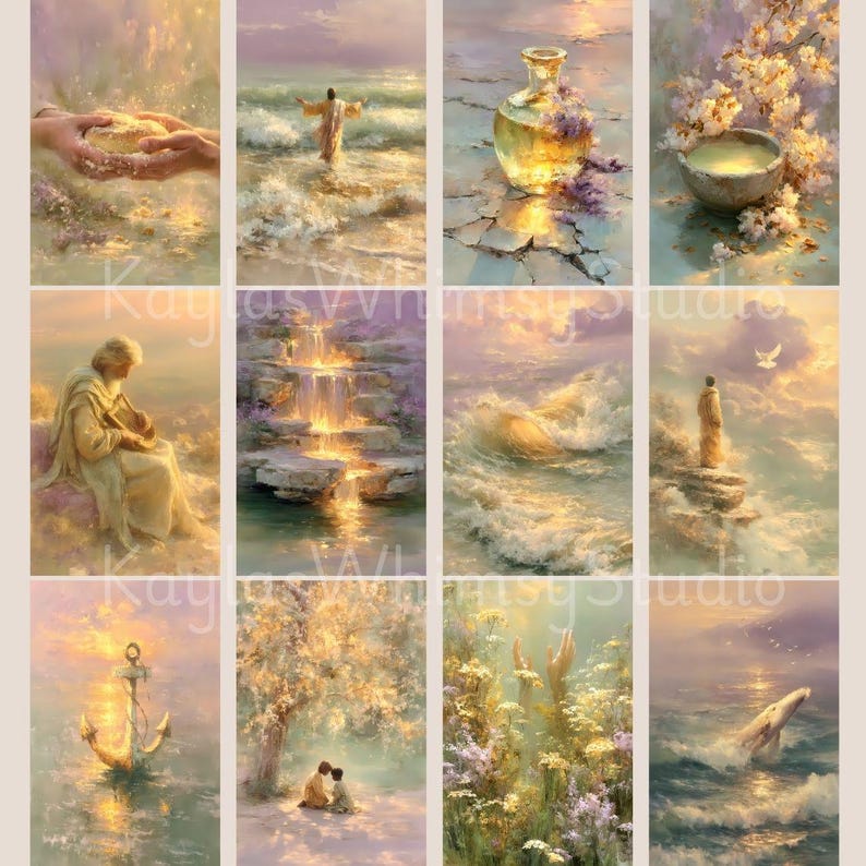 Puede incluir: Una colecci&oacute;n de doce impresiones art&iacute;sticas verticales que presentan escenas serenas y et&eacute;reas. La obra de arte muestra una paleta de colores suaves de oro, lavanda y azul, que representan paisajes, figuras y elementos naturales.