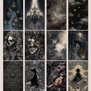 Dark romantic baroque junk journal pages showing chandeliers, cracked parchment textures, cathedral facades, damask patterns, floral engravings, skull candle arrangements, and celestial round frames.