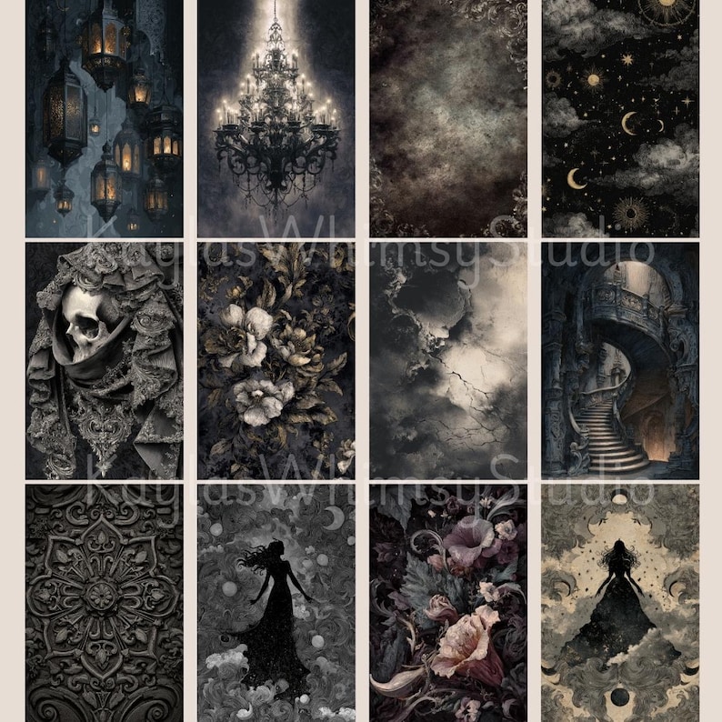Dark romantic baroque junk journal pages showing chandeliers, cracked parchment textures, cathedral facades, damask patterns, floral engravings, skull candle arrangements, and celestial round frames.