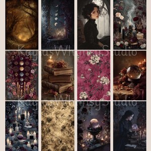 Dark romantic gothic junk journal artwork showing Victorian women, cracked parchment textures, hourglasses, roses, candlelit scenes, and moody gothic portrait illustrations.