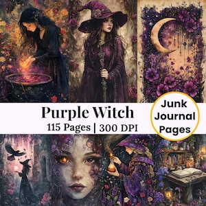 Może przedstawiać: Cyfrowy kolaż przedstawiający wizerunki czarownic w fioletowych strojach, otoczonych kwiatami i mistycznymi elementami. Widoczny jest tekst "Purple Witch", "115 Pages | 300 DPI" i "Junk Journal Pages".