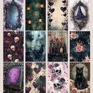 May include: A selection of digital art prints with a gothic theme. The prints showcase a range of images, including a mirror with roses, lanterns, hearts, a witch's hat, skulls, a castle, roses, a crown, a book, and a black cat.