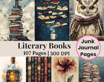 Printable Book Junk Journal Kit, Vintage Book Lover Paper Digital Download, Ornate Journaling Paper, Grungy Ephemera Library Scrapbook Paper