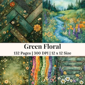 May include: A digital paper pack titled Green Floral with 132 pages at 300 DPI and 12 x 12 inch dimensions. The collection features watercolor illustrations of green wooden planks with vines, a flowing stream, and various colorful wildflower meadows.