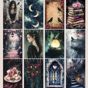 May include: A selection of digital art prints with gothic and fantasy themes. The prints depict scenes such as a woman, crescent moons, ravens, roses, books, a pathway, a woman, a butterfly, a balcony, a teacup, a necklace, a window, and a staircase.