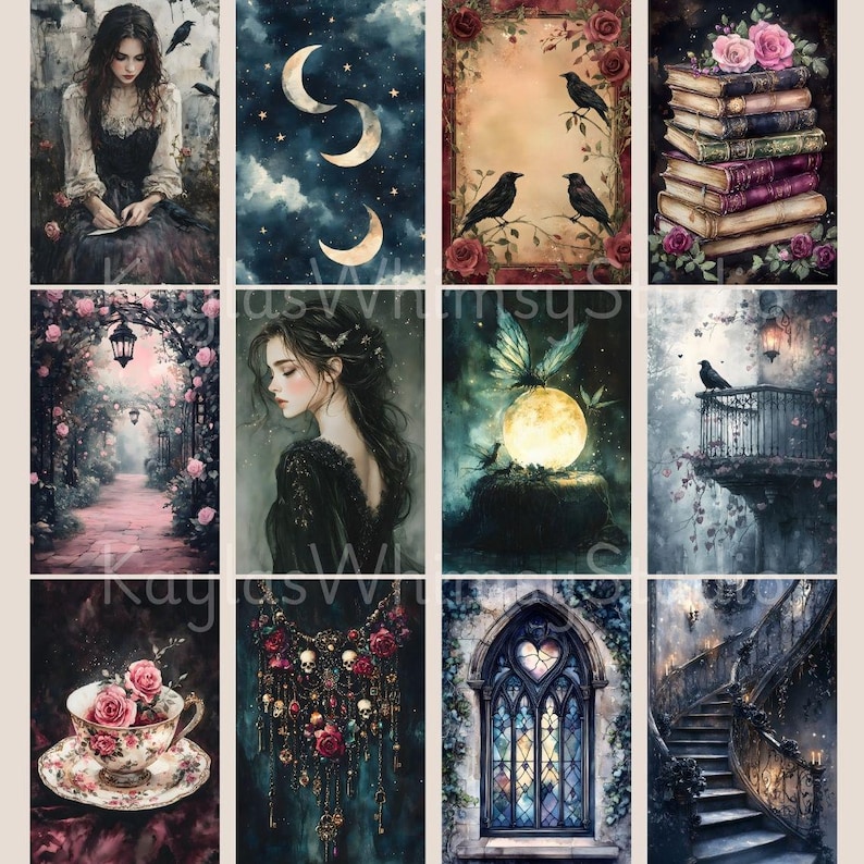 May include: A selection of digital art prints with gothic and fantasy themes. The prints depict scenes such as a woman, crescent moons, ravens, roses, books, a pathway, a woman, a butterfly, a balcony, a teacup, a necklace, a window, and a staircase.