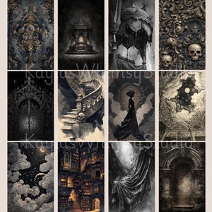 Gothic baroque junk journal pages with ornate staircases, cathedral corridors, wrought iron gates, swirling clouds, skull pages, celestial figures, antique libraries, and dramatic moonlit scenes.