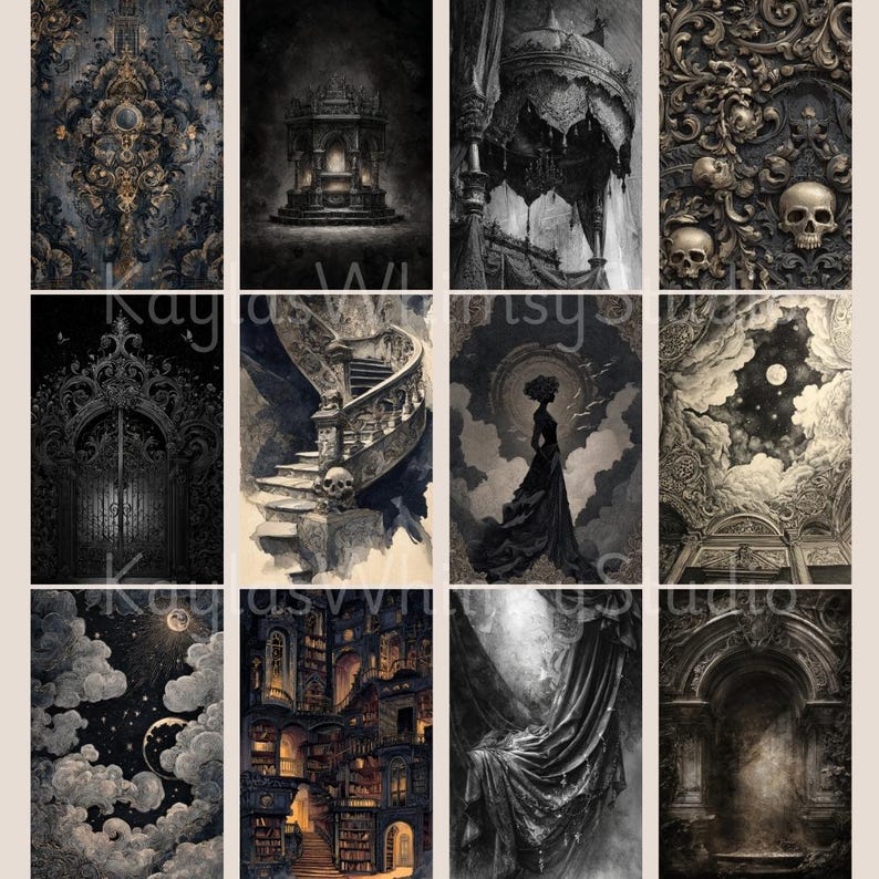 Gothic baroque junk journal pages with ornate staircases, cathedral corridors, wrought iron gates, swirling clouds, skull pages, celestial figures, antique libraries, and dramatic moonlit scenes.