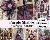 Purple Shabby Chic Paper Set, Printable Lace Romantic Backgrounds, Distressed Victorian Digital Paper, Vintage Scrapbook Roses Papers