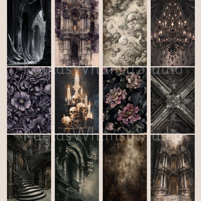 Gothic journal artwork featuring moonlit gates, stained stone corridors, floral engravings, antique staircases, textured backgrounds, celestial silhouettes, and ornate ironwork designs.