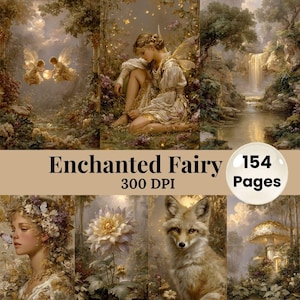 Può includere: Una stampa d'arte digitale intitolata "Enchanted Fairy" con un collage di immagini. Le immagini includono una fata, una volpe, un fiore e una casa a forma di fungo. Il testo sull'immagine dice "154 pagine" e "300 DPI".