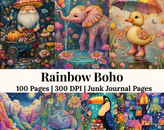 Regenbogen Boho Junk Journal Kit, bunte Schmetterling Ephemera Märchen Fantasy Sammelalbum druckbare Seiten