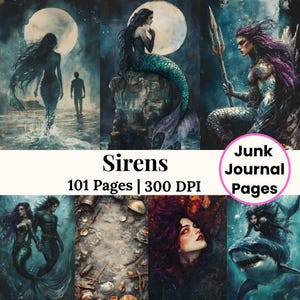 May include: Digital art featuring mermaids and mermen in a fantasy setting. The images include a full moon, ocean scenes, and the text "Sirens 101 Pages | 300 DPI" and "Junk Journal Pages". The color palette includes blues, greens, and purples.