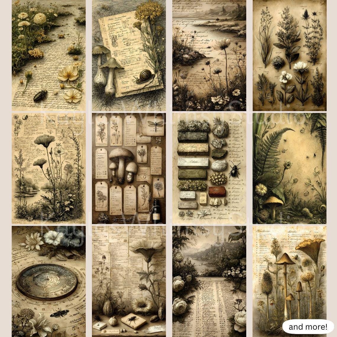 Empherma Script Paper Floral Ephemera Script Junk Journal Supplies, Apothecary Neutral Grunge ...