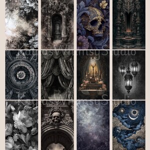 Dark gothic journal artwork featuring weathered arches, baroque skull masks, candlelit altars, hanging lanterns, cracked textures, celestial motifs, and dramatic architectural ruins.