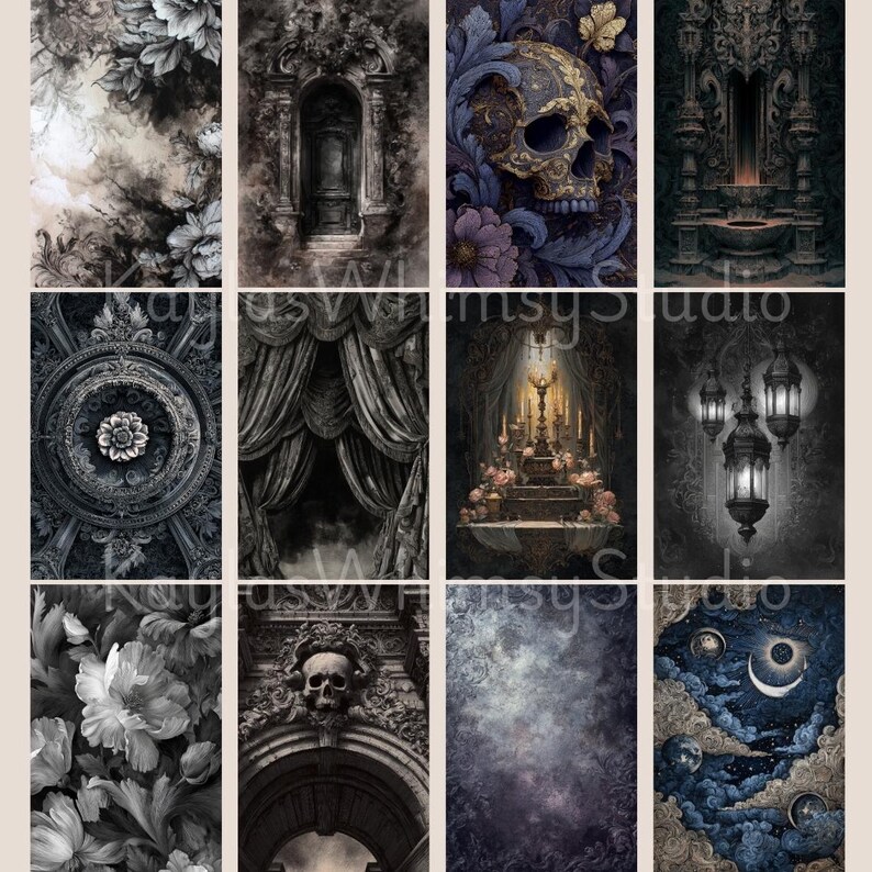 Dark gothic journal artwork featuring weathered arches, baroque skull masks, candlelit altars, hanging lanterns, cracked textures, celestial motifs, and dramatic architectural ruins.