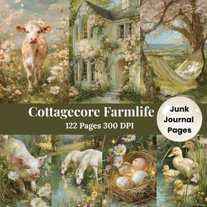 May include: A digital collage featuring a cow, a house covered in flowers, a hammock, a pig, horses, a nest with eggs, and ducks. The text "Cottagecore Farmlife" is displayed, along with "122 Pages 300 DPI" and "Junk Journal Pages."