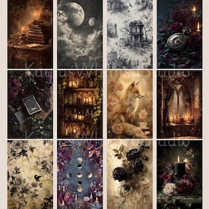 Vintage gothic junk journal backgrounds with cracked textures, raven motifs, floral damask patterns, aged parchment effects, and dark romantic decorative designs.