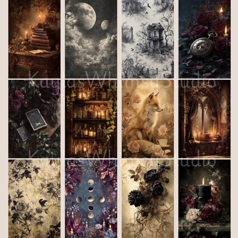 Vintage gothic junk journal backgrounds with cracked textures, raven motifs, floral damask patterns, aged parchment effects, and dark romantic decorative designs.