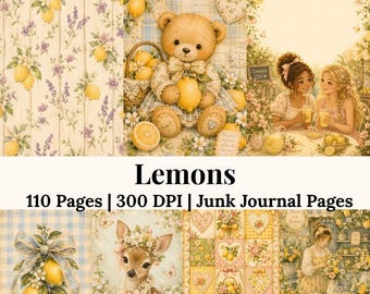 Zitrone Junk Journal Kit Vintage Blumen Ephemera Shabby Chic Journal Seiten Sommer druckbare Papiere Zitrone Collage Pack