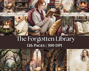 Puede incluir: Un collage de arte digital con temática de biblioteca. La imagen presenta varias escenas de personas leyendo libros en un entorno de biblioteca. Se muestra el texto "The Forgotten Library", junto con "126 PAGES | 300 DPI".