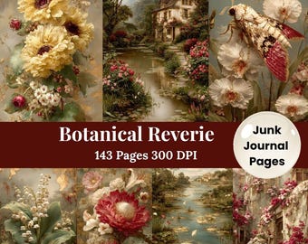 May include: A collection of vintage botanical illustrations. The images showcase flowers, landscapes, and a moth. Text includes "Botanical Reverie," "143 Pages 300 DPI," and "Junk Journal Pages."