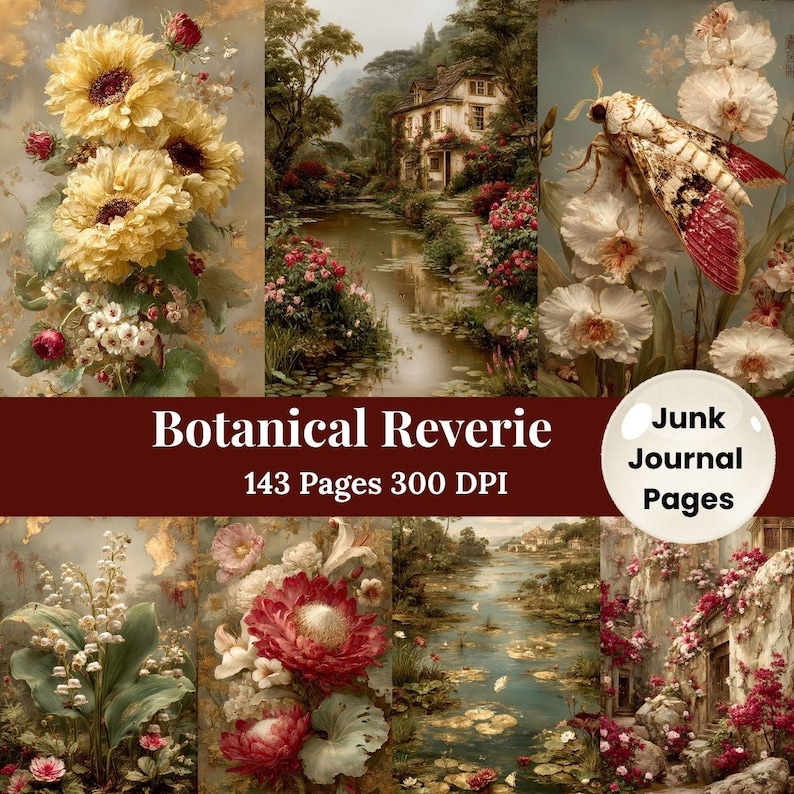 Botanical Junk Journal Kit, Floral Junk Journal Pages, Cottage Paper Printable Ephemera Rose Digital Papers, Storybook Art Digital Download image 1