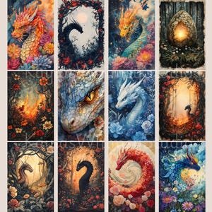 May include: A collection of twelve fantasy art prints featuring dragons in various colors and settings. Dragons are depicted with intricate scales and surrounded by flowers, forests, and mystical elements. The color palette includes vibrant reds, blues, and greens.