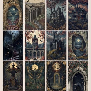 Vintage gothic journal artwork featuring arched doorways, moonlit rivers, gothic mansions, iron gates, winding staircases, and atmospheric night landscapes with ravens and roses.
